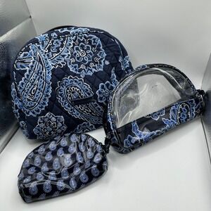 Vera Bradley 3 Piece Cosmetic Bag Set Navy Blue Paisley Quilted Clear Travel